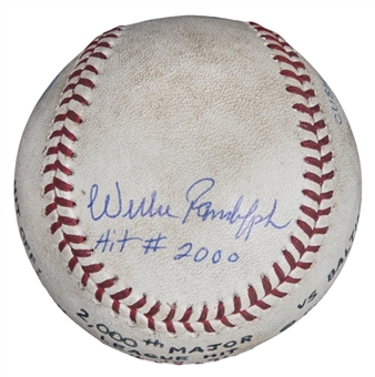 Willie Randolph Game Used 2,000th Career Hit Baseball - Single Vs. Williamson 4-15-1991 (Randolph LOA)
